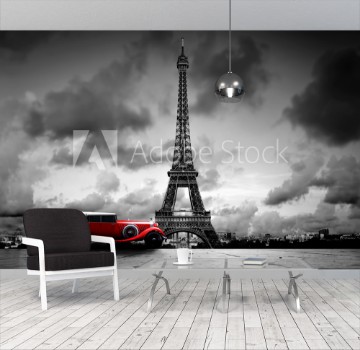 Picture of Effel Tower Paris France and retro red car Black and white